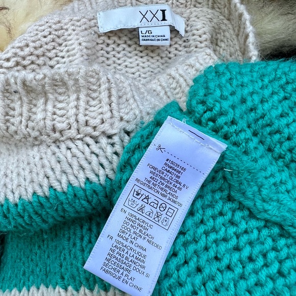 Striped Soft Cable Knit Teal Green Cream Pull Over Crew Neck Sweater Lg - Picture 6 of 7